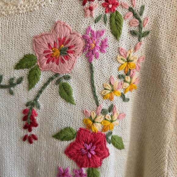 Susan Bristol 1991 Large Knit Top Hand Embroider Floral Keyhole Beige Deadstock - Picture 2 of 8